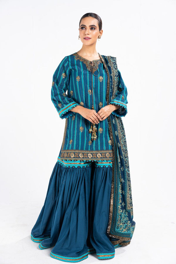 3 Pc Embroidered Yarn dyed with Printed chiffon Dupatta