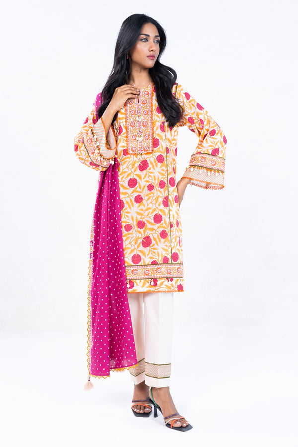 3 Pc Printed Silver Lawn Suit With Lawn Dupatta