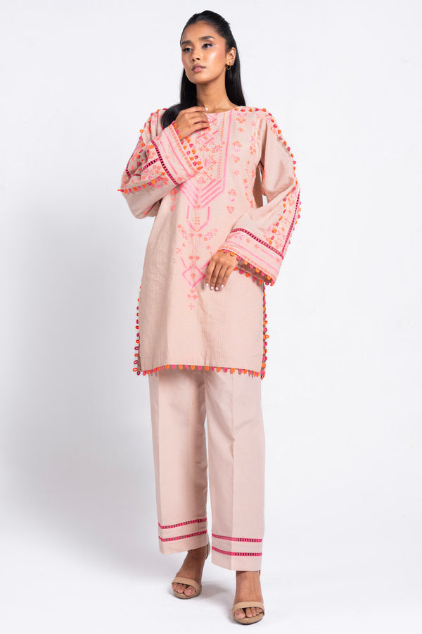 2 Pc Embroidered Dobby Dyed Suit With Cambric Trouser