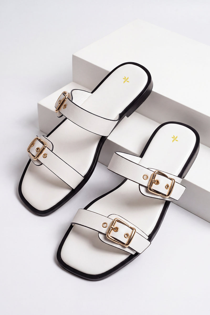 Double Buckle Slides – White