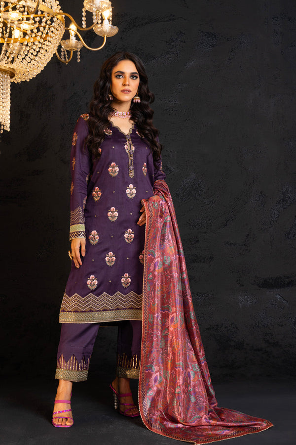 2 Pc Embroidered Cotton Satin Suit With Silk Dupatta