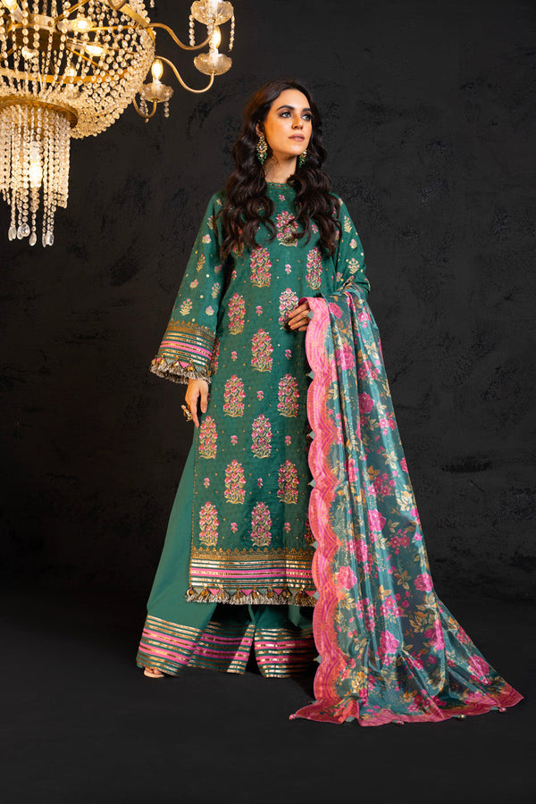3 Pc Embroidered Jacquard Suit With Silk Dupatta