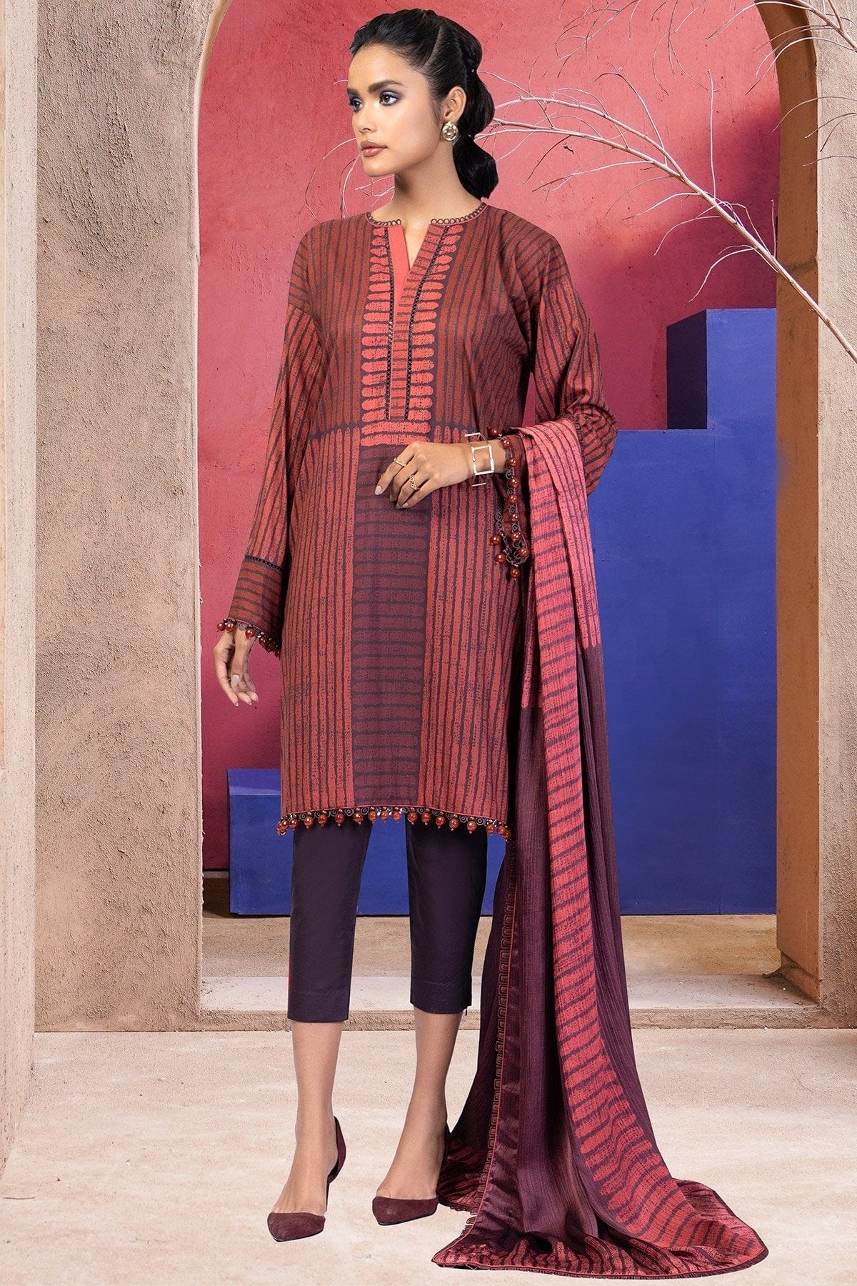 3 Pc Printed Cotton Satin Suit With Silk Dupatta