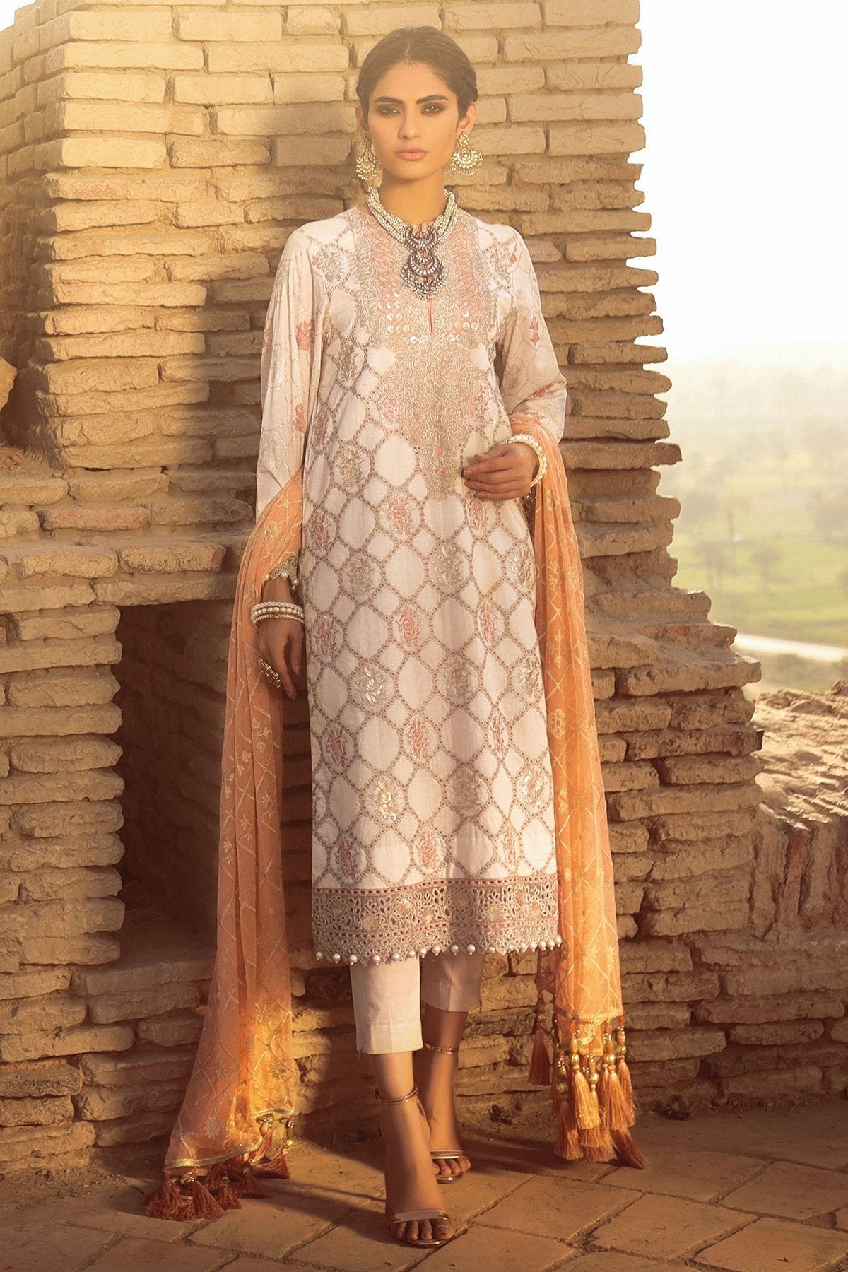 3 Pc Embroidered Suit With Poly Net Dupatta