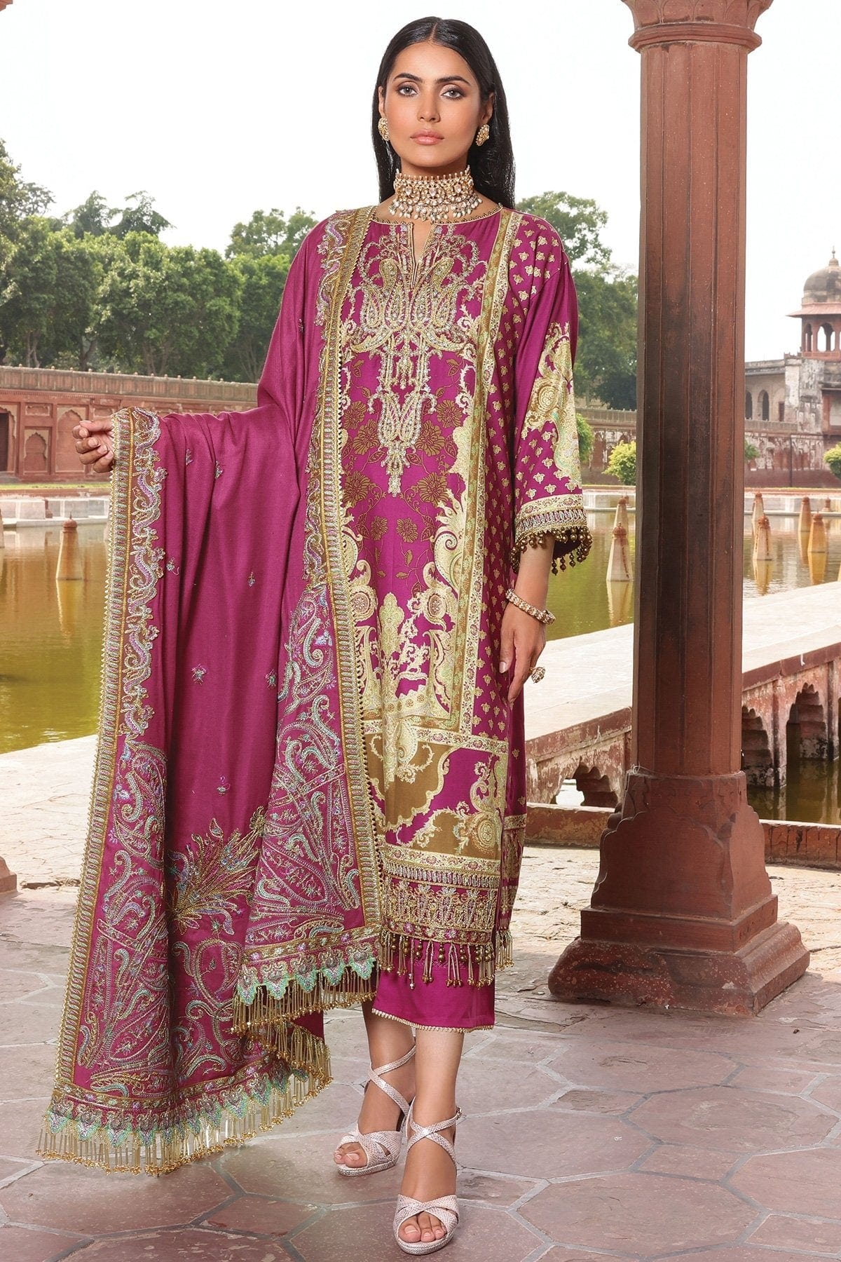 2 Pc Embroidered Twill Viscose Suit With Embroidered Shawl