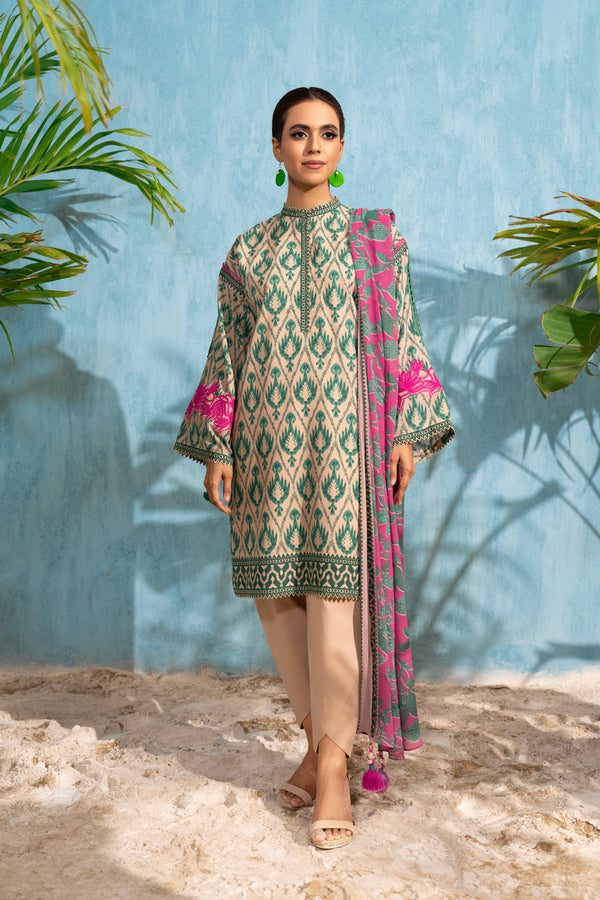 Three Piece Embroidered Poly Viscose Suit With Chiffon Dupatta