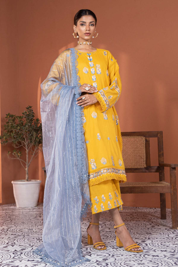 3 Pc Embroidered Lawn Suit With Organza Jacquard Dupatta