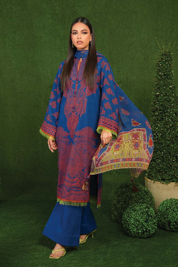 3 Pc Embroidered Thick Lawn Suit With Chiffon Dupatta