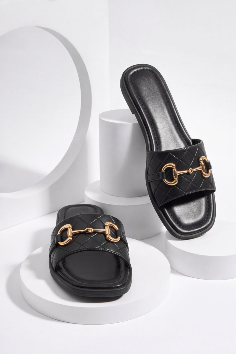 Double Strap Buckle Slides – Black