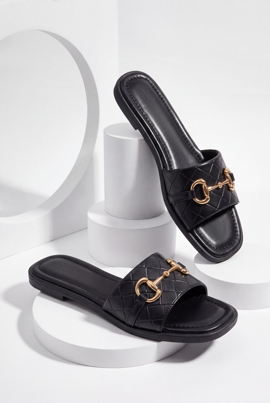 Double Strap Buckle Slides – Black