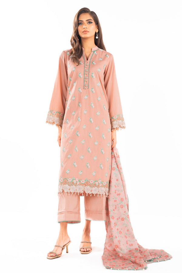 3 Pc Embroidered Dobby  Suit With Tiissue  Silk Dupatta