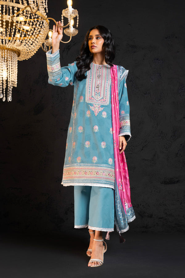 3 Pc Embroidered Jacquard Suit With Silk Dupatta