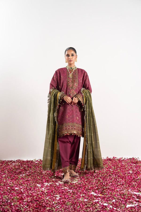 3 Pc Embroidered Dobby Zari Suit With Yarn Dyed Dupatta