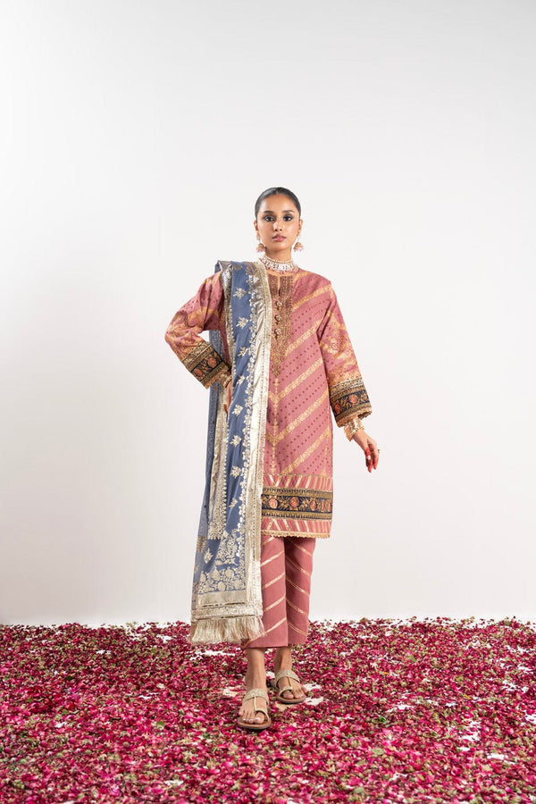 3 Pc Embroidered Doriya Suit With Foil Dupatta
