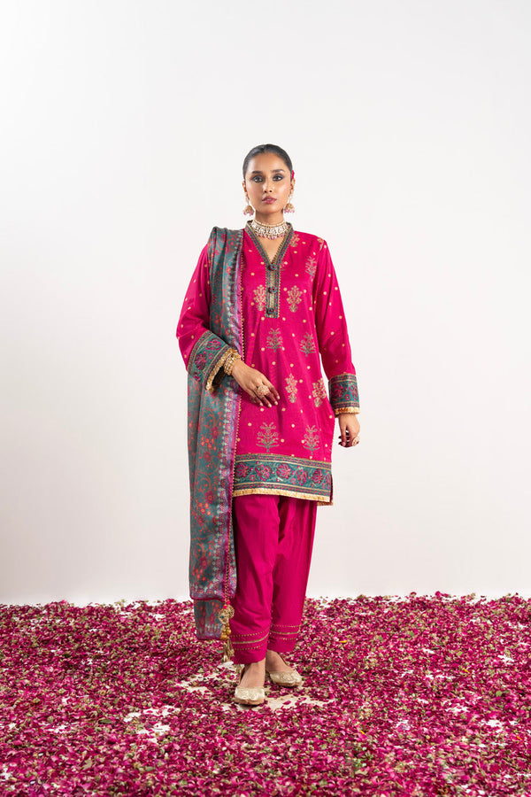 3 Pc Embroidered Thick Cambric Suit With Silk Dupatta