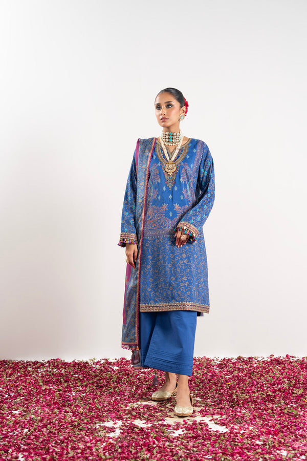 3 Pc Embroidered Thick Cambric Suit With Silk Dupatta