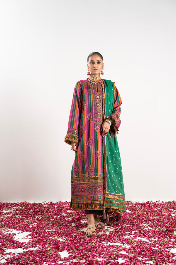 3 Pc Embroidered Yarn Dyed Silk Suit With Lawn Dupatta