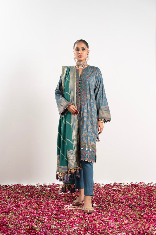 3 Pc Embroidered Viscose Suit With Hearing Bone Dupatta
