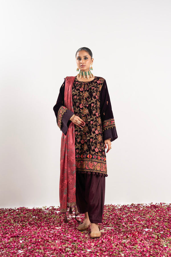 2 Pc Embroidered Dyed Velvet Suit With Silk Dupatta