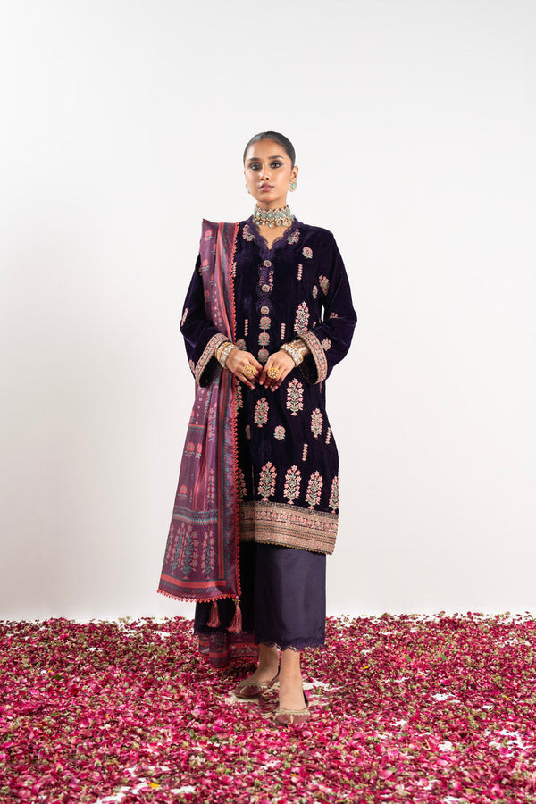2 Pc Embroidered Dyed Velvet Suit With Silk Dupatta