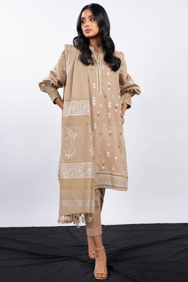 3 Pc Embroidered Khaddar Suit With Shawl