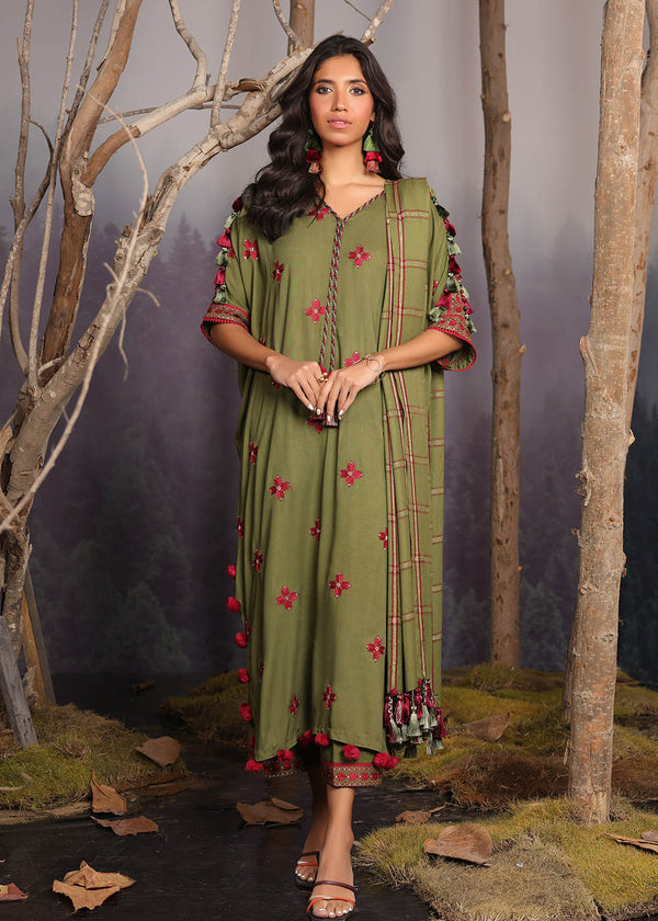 3 Pc Embroidered Twill Viscose Suit With Shawl