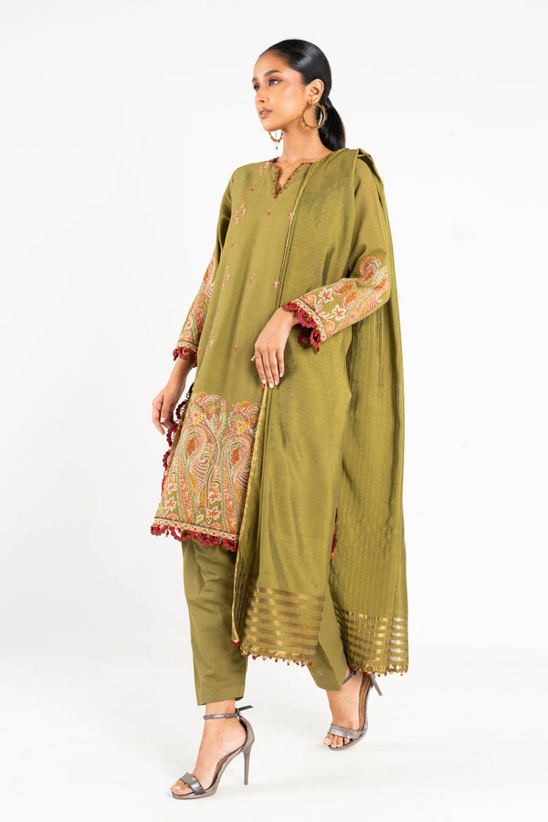 3 Pc Embroidered Khaddar Suit With Yarn Dyed Dupatta