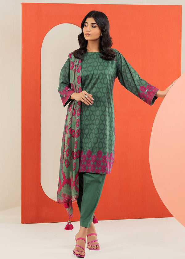 2 Pc Printed Cambric Suit With Chiffon Dupatta