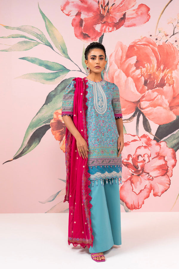 3 Pc Embroidered Two Way Slub Suit With Lawn Dupatta