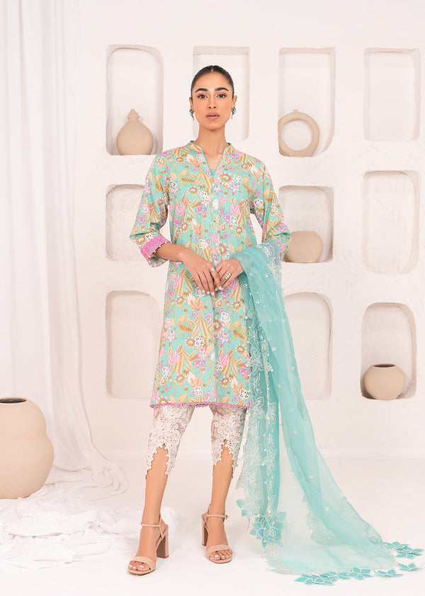 3 Pc Embroidered Lawn Viscose Suit With Organza Dupatta