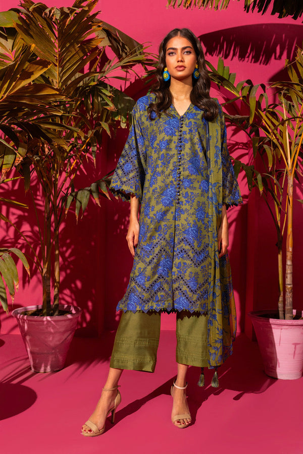 3 Pc Embroidered Poly Lawn Suit With Zari Stripes Dupatta