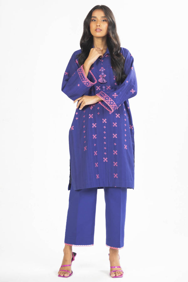 2 Pc Embroidered Doby Dyed Suit With Cambric Trouser