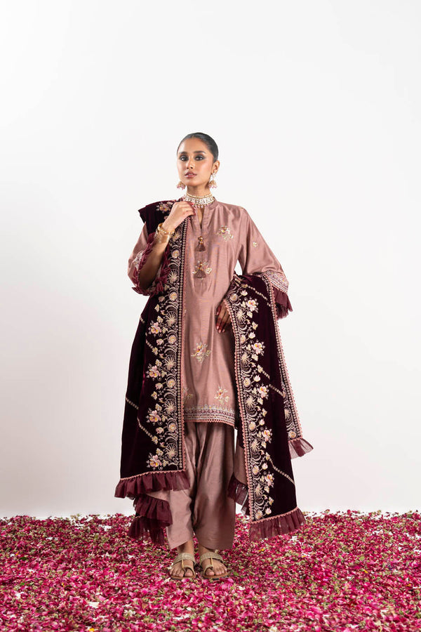 3 Pc Embroidered Yarn Dyed Silk Suit With Velvet Shawl