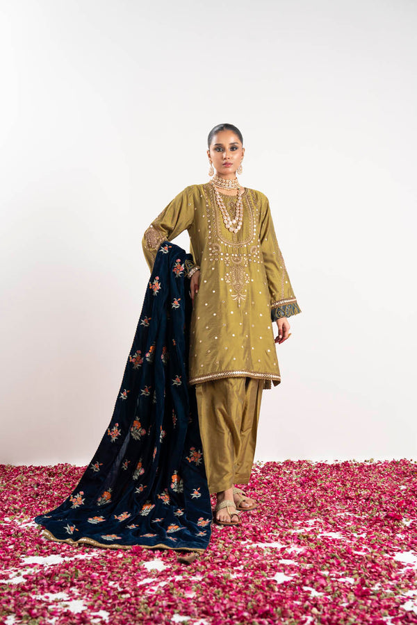 3 Pc Embroidered Yarn Dyed Silk Suit With Velvet Shawl