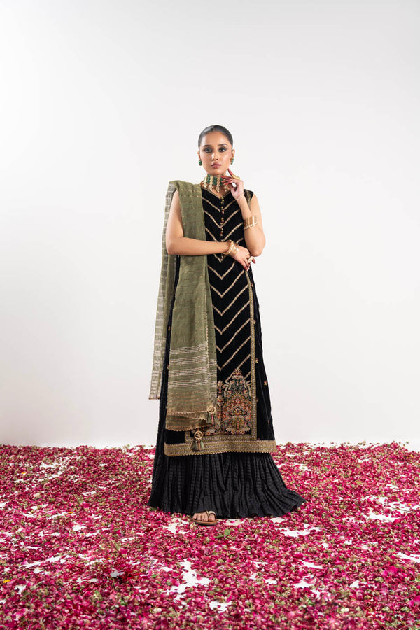 3 Pc Embroidered Velvet Suit With Yarn Dyed Dupatta