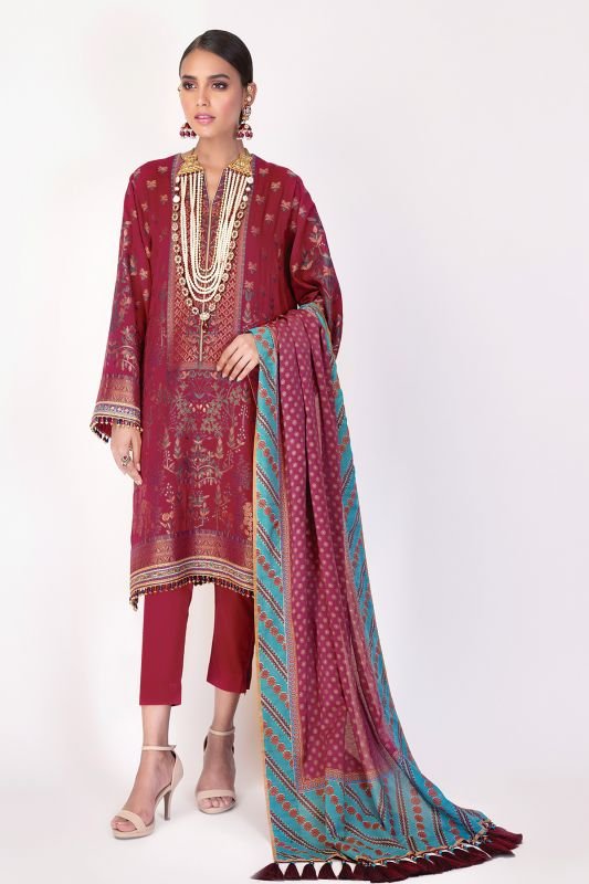 3 Pc Embroidered Jacquard Suit With Cotton Silk Dupatta