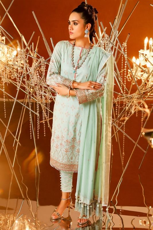 3 Piece Embroidered Suit With Jacquard Net Embroidered Dupatta