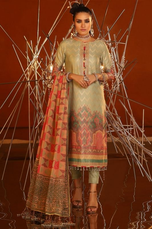 3 Piece Embroidered Suit With Digital Silk Dupatta