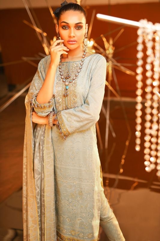 2 Piece Embroidered Suit With Burnout Dupatta