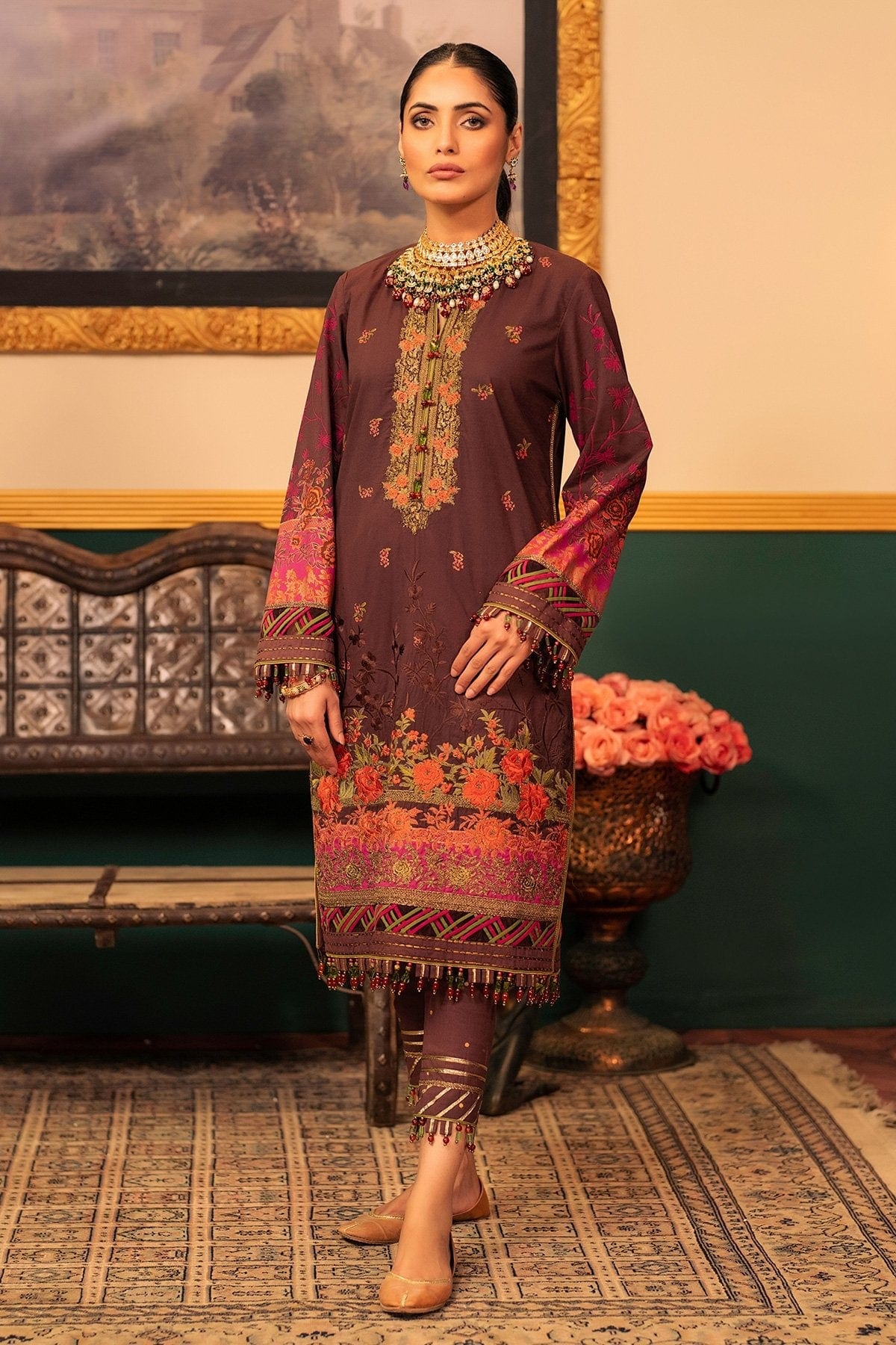2 Pc Embroidered Cambric Suit With Cambric Trouser