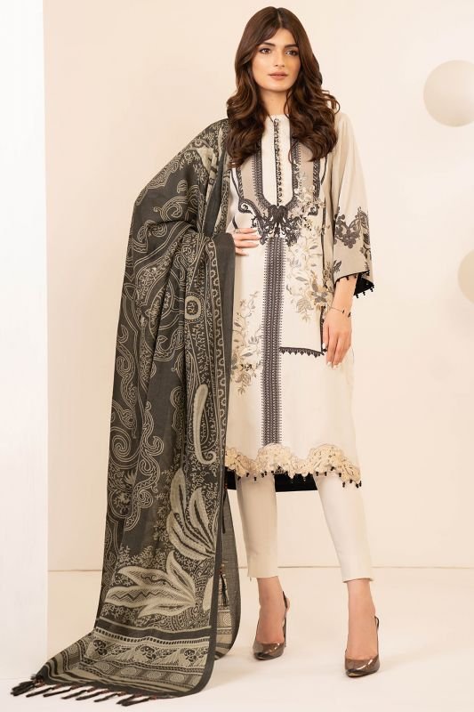 Three Piece Embroidered Twill Suit With Printed Shawl