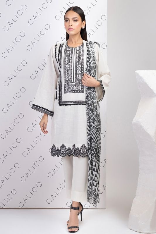 3 Pc Embroidered Cotton Satin Suit