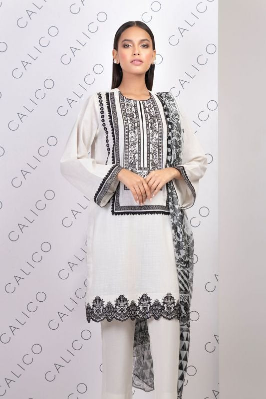 3 Pc Embroidered Cotton Satin Suit