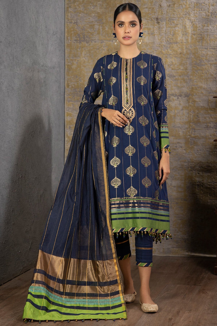 3 Pc Embroidered Jacquard Suit With Jacquard Dupatta