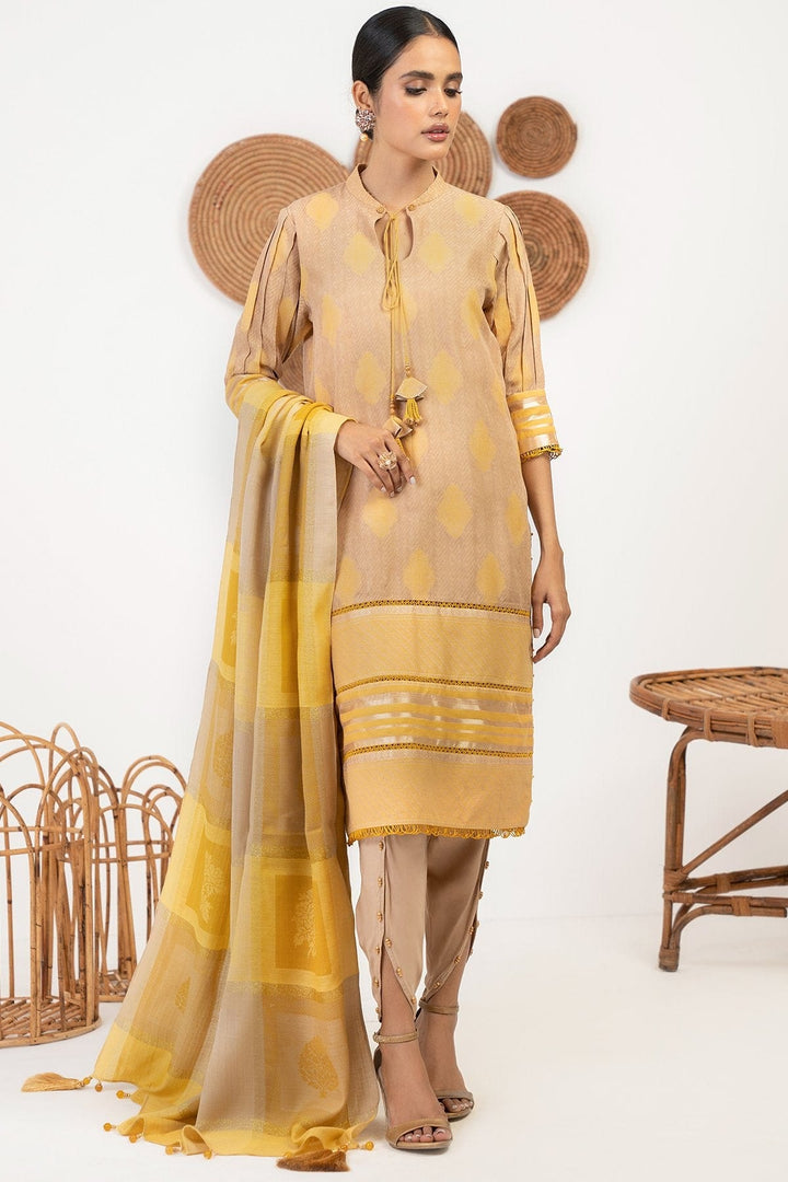 3 Pc Embroidered Viscose Jacquard Suit With Shawl