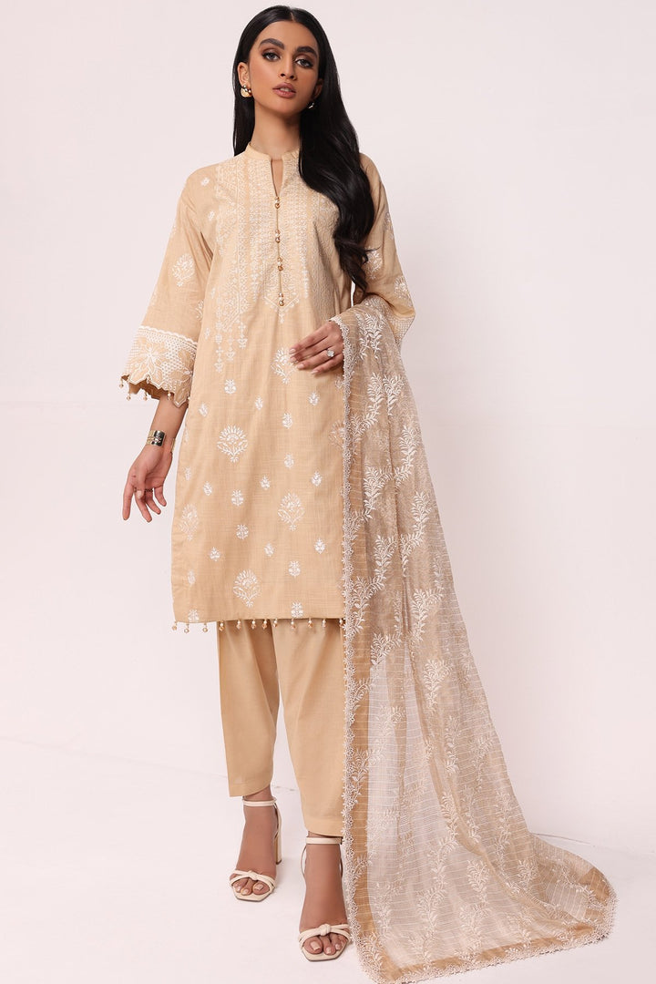 3 Pc Embroidered One Way Slub Suit With Net Dupatta