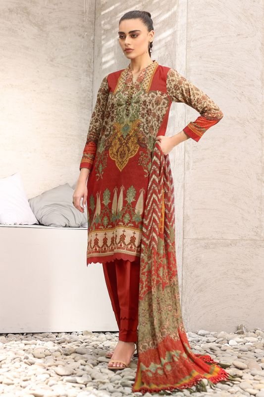 Three Piece Printed Suit With Voile Dupatta
