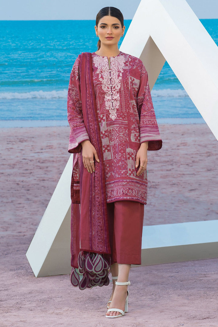 3 Pc Embroidered Lawn Suit With Digital Cotton Net Dupatta